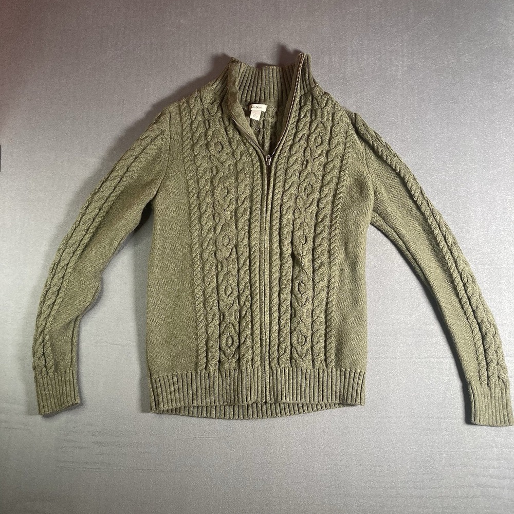 L.L. Bean Green Cotton Cable Knit Mock Neck Zip Sweater Men's Small Preppy Gorp
